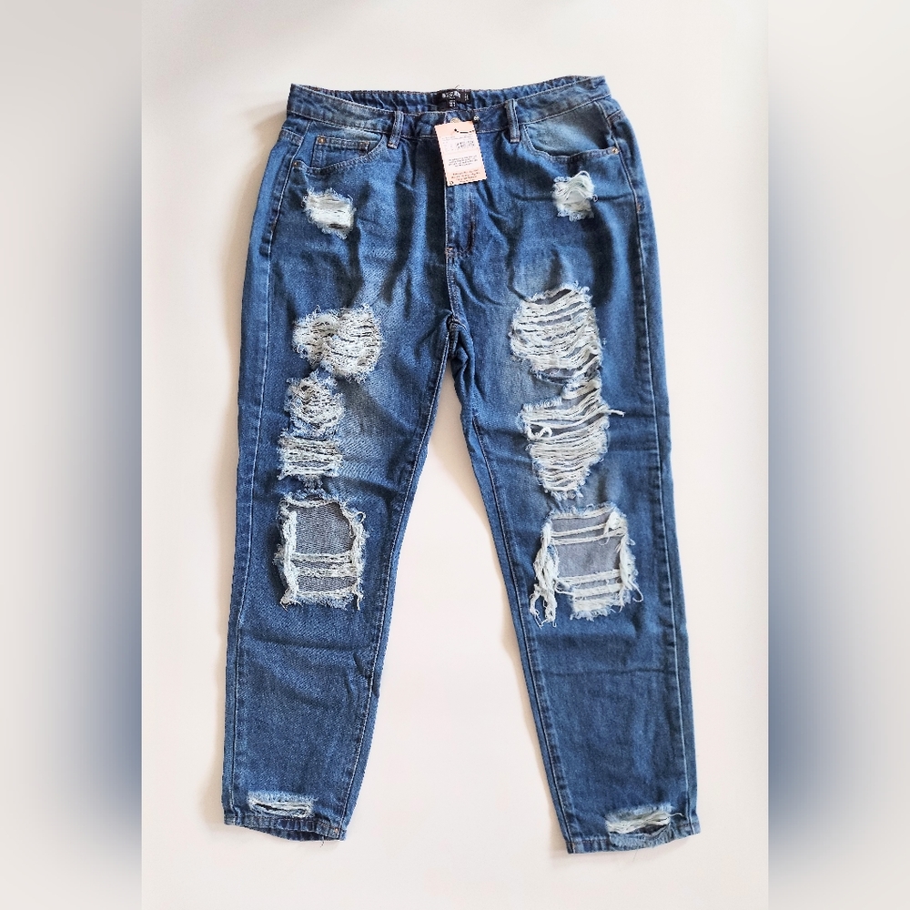 Missguided Plus Blue Distressed Ankle Jeans Womens 14 NWT